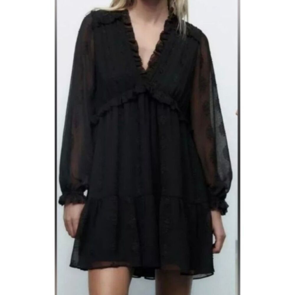 Zara black Swiss dot long sleeve deep V babydoll dress - L
